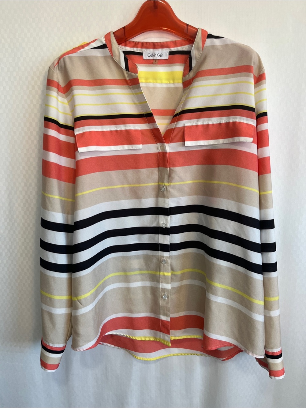 Calvin‎ Klein Blouse Women's L Coral Tan Black & Yellow Striped Button-Front